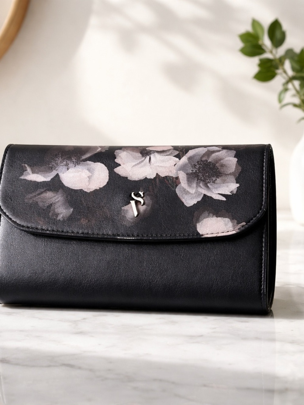 Simply Vera Vera Wang Black Clutch with Pale Pink Floral Accents - Picture 9 of 9